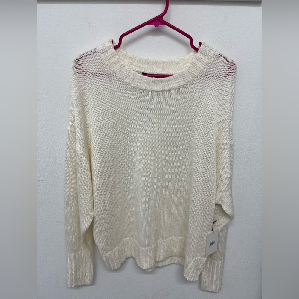 NEW NWT something navy white sheen sweater crew neck ivory cream womens L